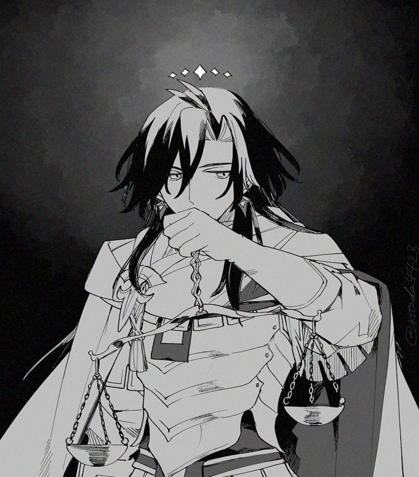 1boy, antenna_hair, armor, balance_scale, black_background, breastplate, cloak, constantine_xi_(fate), constantine_xi_(third_ascension)_(fate), covered_mouth, curtained_hair, earrings, fate/grand_order, fate_(series), gloves, gradient_background, greyscale, hair_between_eyes, halo, hand_up, highres, holding_scale, jewelry, kitada, long_hair, long_sleeves, looking_at_viewer, male_focus, monochrome, sideways_glance, simple_background, solo, upper_body, v-shaped_eyebrows, weighing_scale