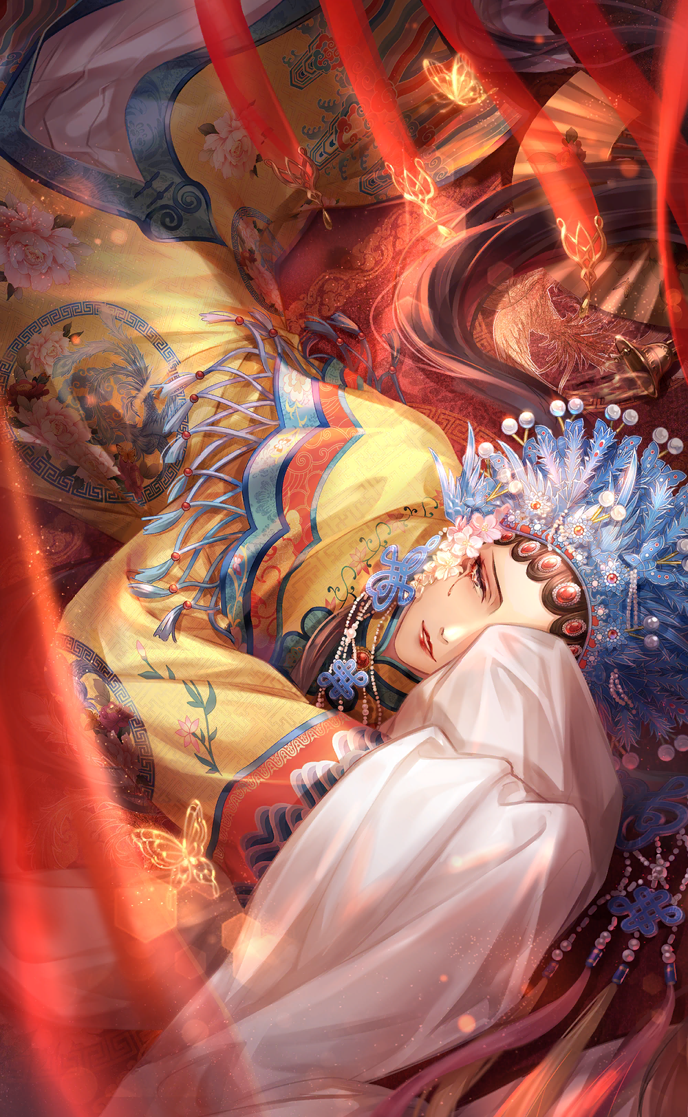 1boy, artist_request, blue_hat, bug, butterfly, capelet, cherry_blossoms, closed_mouth, eyeliner, eyeshadow, feathers, feet_out_of_frame, floral_print, flower, folding_fan, fringe_trim, game_cg, hand_fan, hat, hat_flower, headdress, highres, indoors, light_particles, light_smile, lipstick, long_sleeves, lying, makeup, male_focus, marking_on_cheek, nikki_(series), official_art, on_side, one_eye_covered, out_the_phoenix_palace_(shining_nikki), pink_flower, qin_yi, red_eyeliner, red_eyeshadow, red_lips, shining_nikki, sleeves_past_fingers, sleeves_past_wrists, solo, streamers, tassel, thick_eyebrows, wide_sleeves, yellow_capelet, yellow_eyes, yellow_hanfu