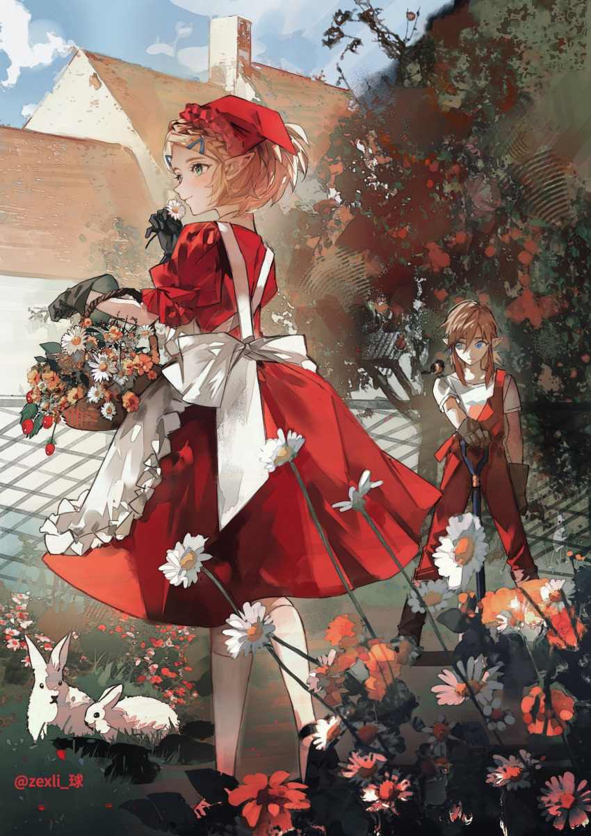 1boy, 1girl, alternate_costume, apron, aqua_eyes, basket, black_gloves, black_shoes, braid, building, crown_braid, dress, flower, flower_basket, frilled_apron, frills, garden, gloves, green_eyes, hair_between_eyes, hair_ornament, hairclip, hat, highres, holding, holding_basket, holding_flower, link, medium_hair, overalls, parted_bangs, pointy_ears, princess_zelda, puffy_short_sleeves, puffy_sleeves, rabbit, red_dress, red_flower, red_hat, red_overalls, shirt, shoes, short_hair, short_sleeves, sidelocks, smile, socks, strap_slip, the_legend_of_zelda, the_legend_of_zelda:_breath_of_the_wild, the_legend_of_zelda:_tears_of_the_kingdom, tree, twintails, white_apron, white_flower, white_shirt, white_socks, zexli_qiu