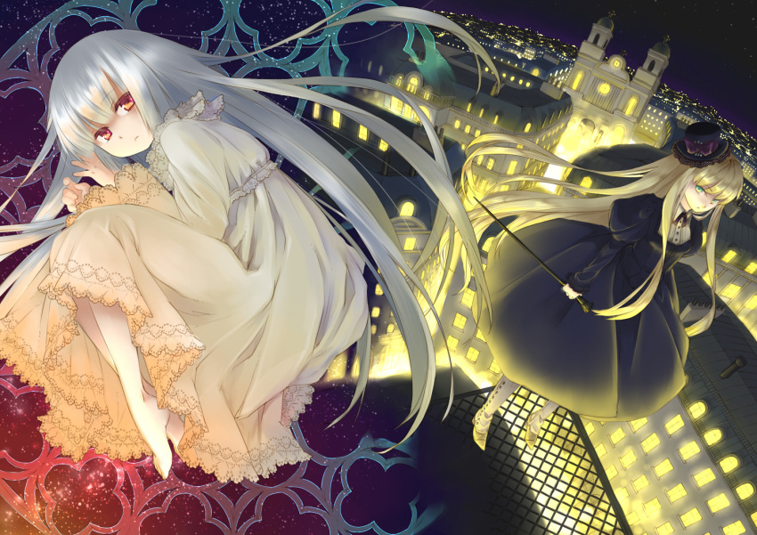 blonde_hair, chito04, cityscape, gothic, gothic_lolita, green_eyes, grey_hair, hat