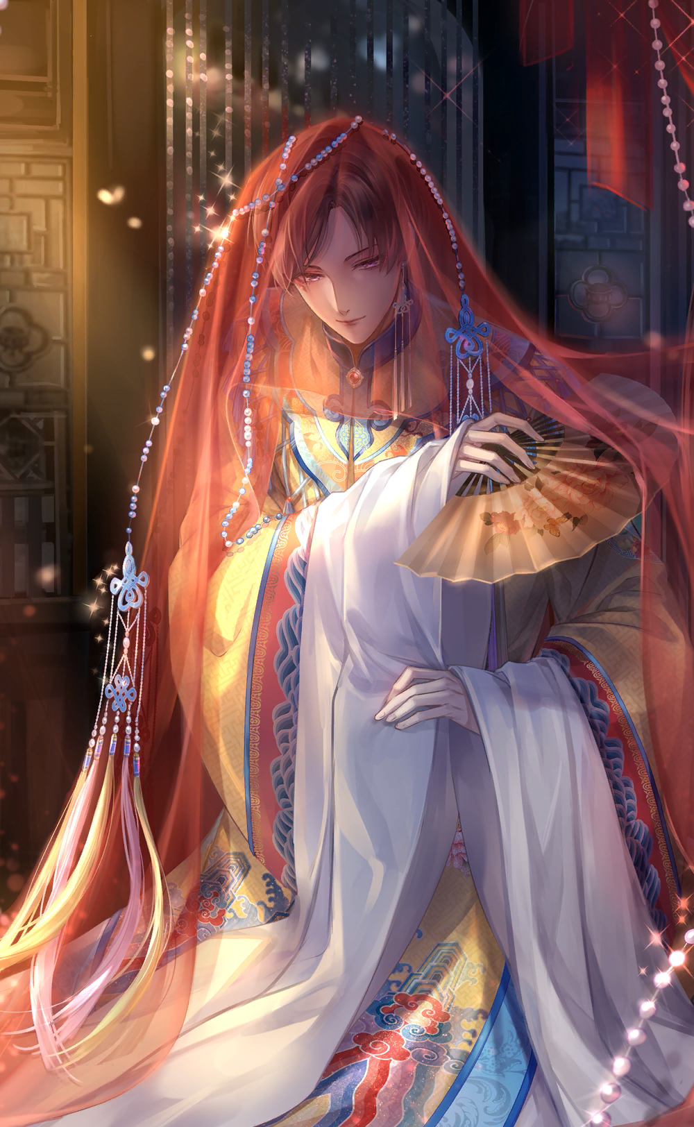 1boy, artist_request, beads, blue_ribbon, brown_hair, closed_mouth, cloud_print, curtains