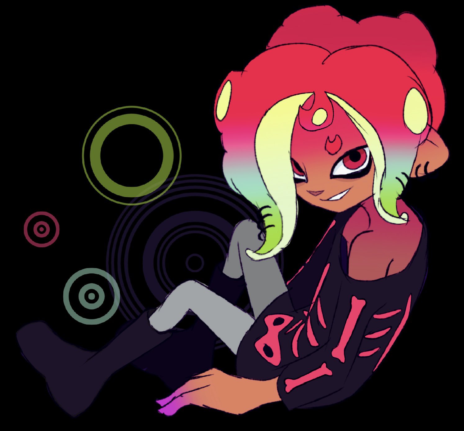 1boy, black_background, black_boots, boots, facing_to_the_side, full_body, gradient_hair, grey_leggings, grin, hair_ornament, highres, invisible_chair, leggings, looking_at_viewer, mashup_(splatoon), multicolored_hair, octoling, off-shoulder_shirt, off_shoulder, open_mouth, piercing, pointy_ears, red_eyes, red_hair, shirt, shoes, short_eyebrows, short_hair, sidelocks, simple_background, single_bare_shoulder, sitting, skeleton_print, smile, solo, splatoon_(series), splatoon_2, spread_legs, tentacle_hair, tentacle_piercing, thick_eyebrows, wamairii