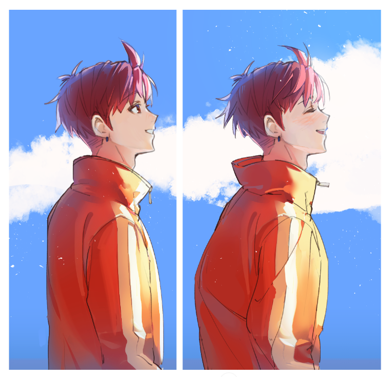 1boy, blue_sky, blush, brown_eyes, closed_eyes, clouds, cloudy_sky, dandadan