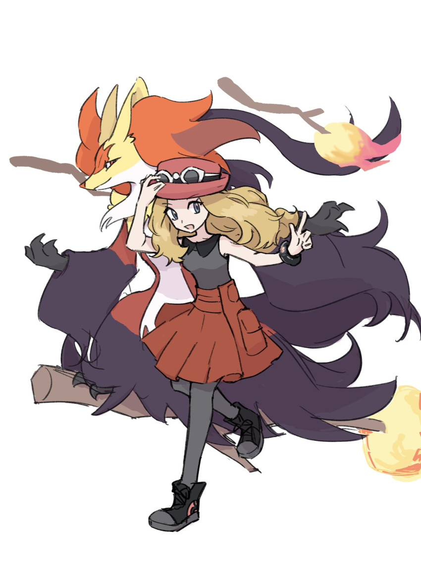 1girl, black_thighhighs, blonde_hair, delphox, eyelashes, eyewear_on_head, grey_hair, hat