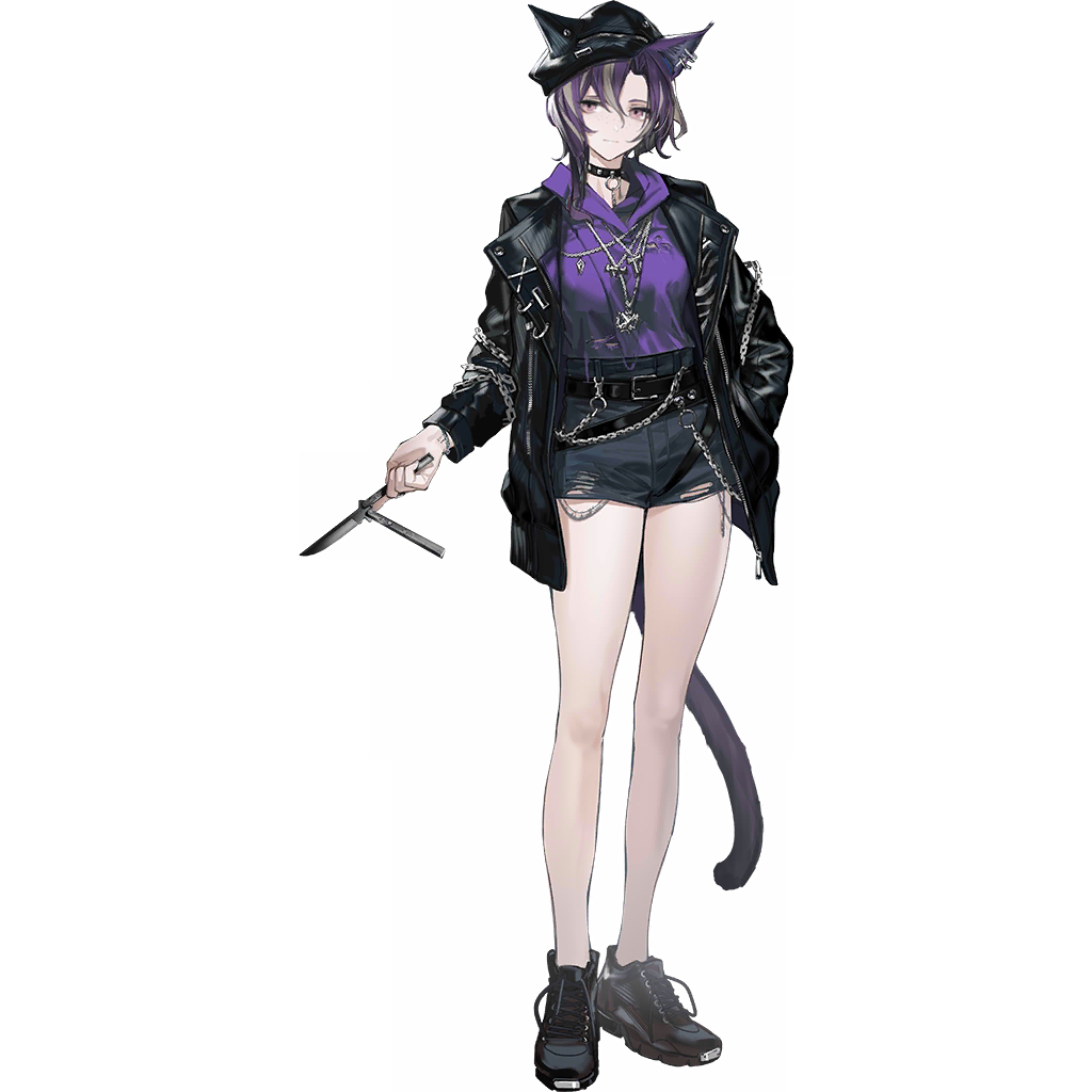 1girl, arknights, baird_(arknights), cenm0, full_body, looking_at_viewer, official_art, purple_hair, purple_shirt, shirt, simple_background, solo, standing, tachi-e, third-party_source, transparent_background