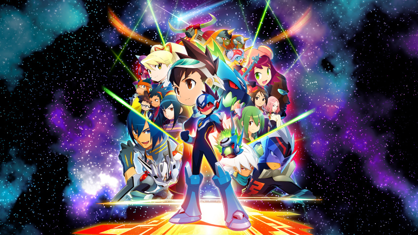 5girls, 6+boys, a.c._eos_(mega_man), acid_ace_(mega_man), armor, blonde_hair, blue_armor, blue_bodysuit
