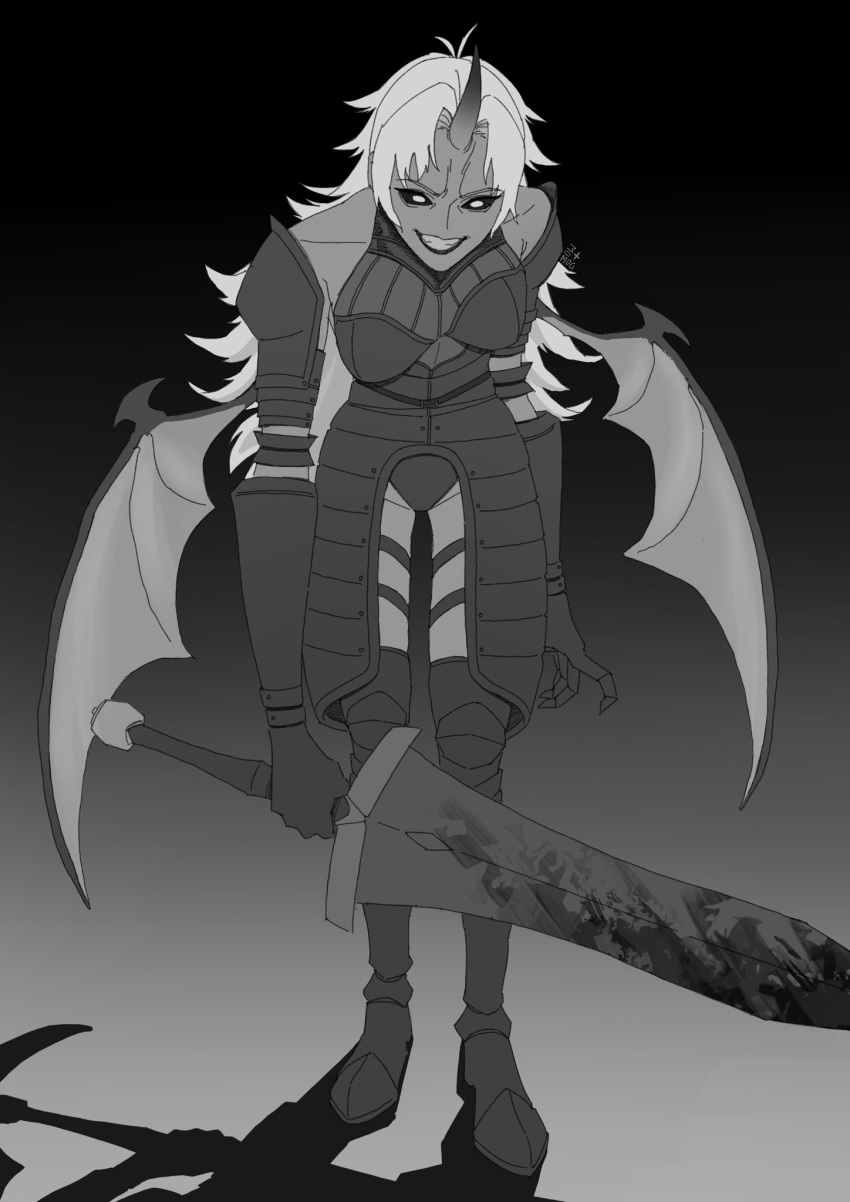 1girl, armor, atoferatofe_rybak, bat_wings, blood, blood_on_weapon, evil_smile, greyscale, highres, holding, holding_sword, holding_weapon, horns, huge_weapon, long_hair, looking_at_viewer, momogicimori, monochrome, mushoku_tensei, shadow, single_horn, smile, solo, solo_focus, sword, weapon, white_hair, wings