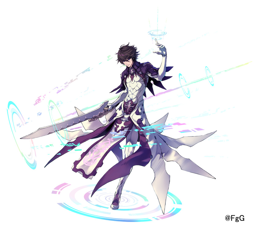 1boy, andechs_(ta_ga_tame_no_alchemist), black_hair, commentary_request, company_logo, full_body, gloves, hand_up