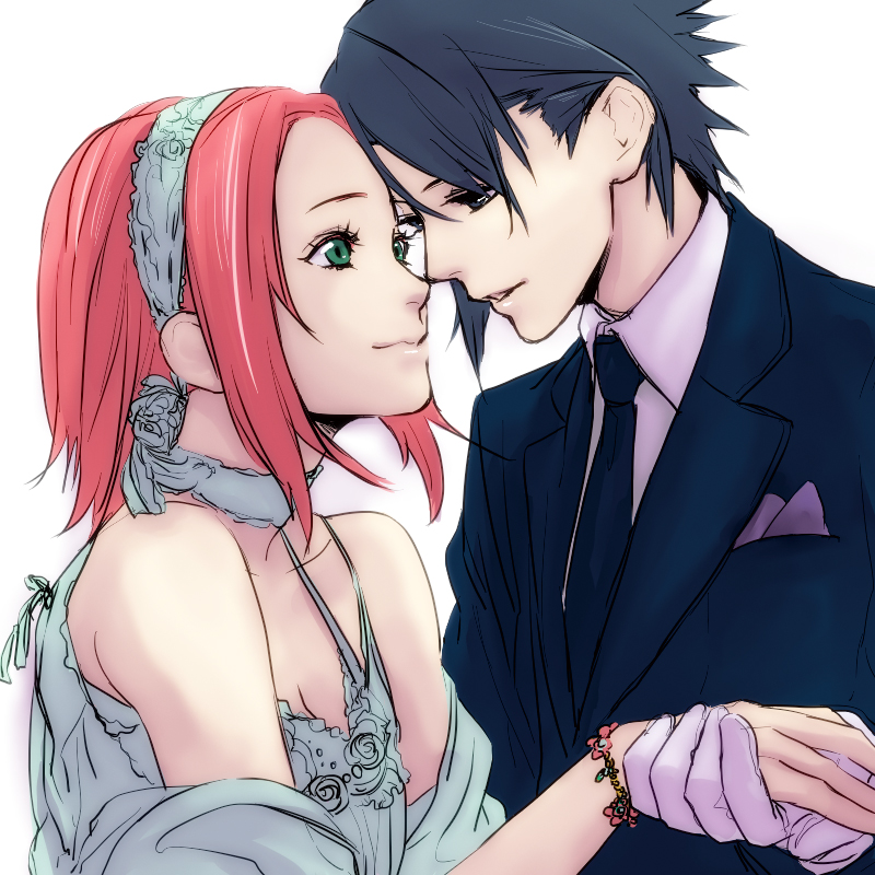 1girl, black_hair, couple, good_end, green_eyes, haruno_sakura, masa_(miyabi310), miyabi310, naruto, pink_hair, uchiha_sasuke, wedding