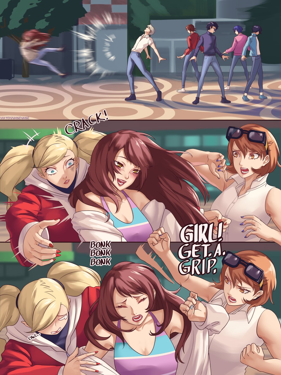 3girls, 5boys, amamiya_ren, bare_shoulders, black_hair, black_sweater, blonde_hair, blue_eyes, blue_hair, blue_nails, blue_pants, blurry, blurry_background, bonk, brown_eyes, brown_hair, dancing, denim, english_commentary, eyewear_on_head, full_body, glasses, grey_hair, highres, hood, hood_down, hoodie, in-franchise_crossover, jeans, kpop_demon_hunters, kujikawa_rise, long_hair, looking_at_another, mayonnaisenais3, motion_blur, motion_lines, multiple_boys, multiple_girls, nail_polish, narukami_yu, pants, parody, persona, persona_1, persona_2, persona_3, persona_4, persona_5, pink_shirt, red_nails, red_shirt, scene_reference, shirt, short_hair, sleeveless, sleeveless_shirt, standing, sunglasses, suou_tatsuya, sweater, takamaki_anne, takeba_yukari, tarot, the_lovers_(tarot), toudou_naoya, trait_connection, turtleneck, turtleneck_sweater, twintails, upper_body, white_shirt, yuuki_makoto_(persona_3)