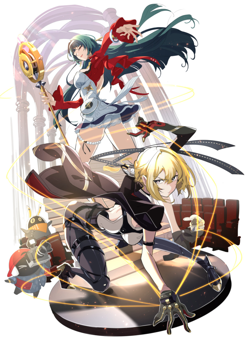 2girls, arm_strap, astra_yao, bangboo_(zenless_zone_zero), black_coat, black_hair, black_pants, blonde_hair