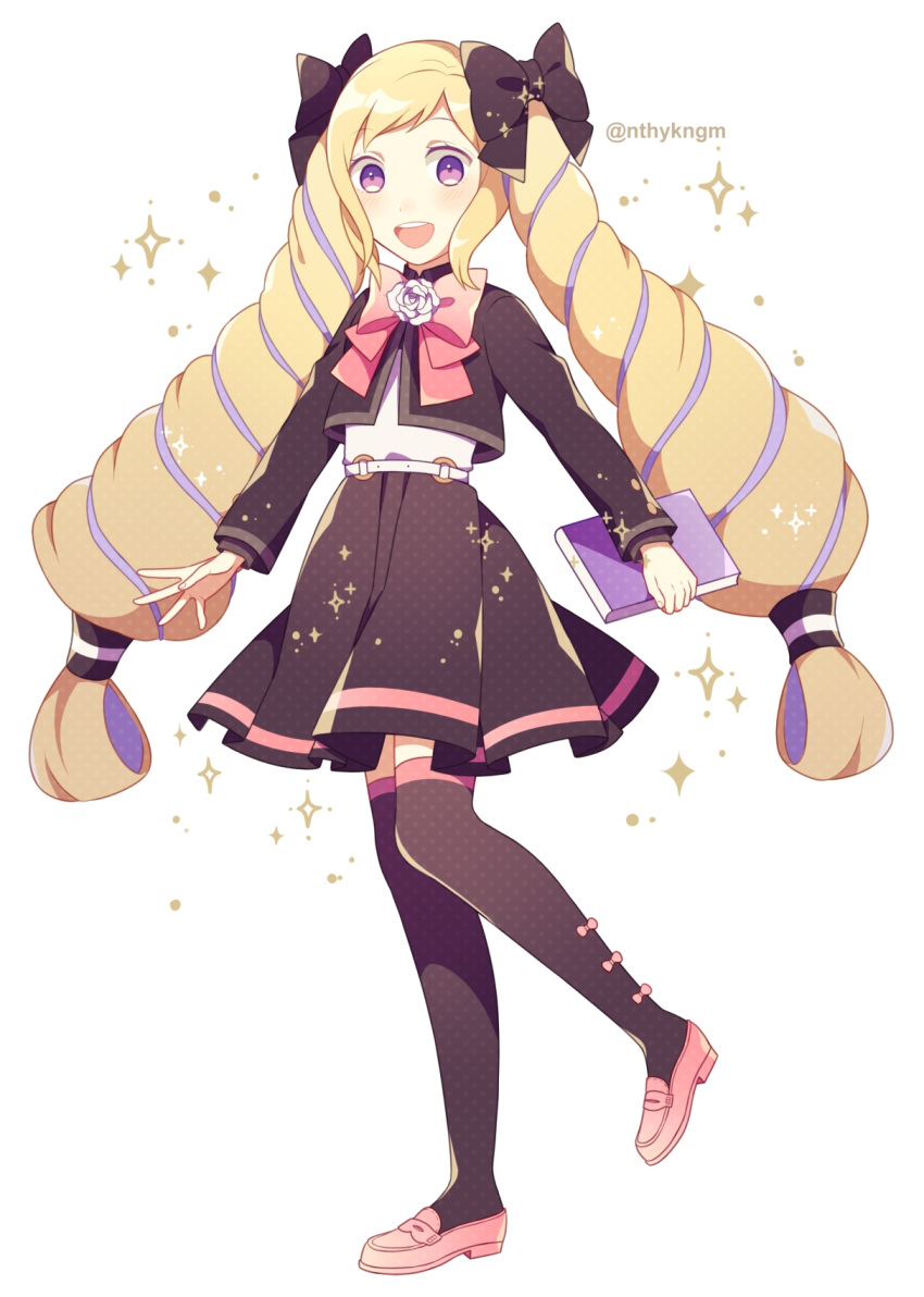 1girl, :d, alternate_costume, black_thighhighs, blonde_hair, book, bow, contemporary