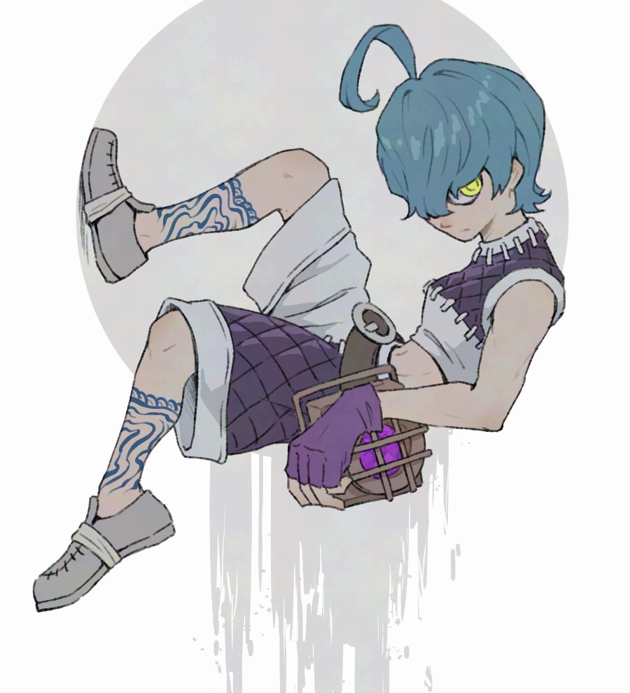 1girl, ahoge, ankle_tattoo, belt, blue_hair, brown_belt, closed_mouth, cropped_shirt