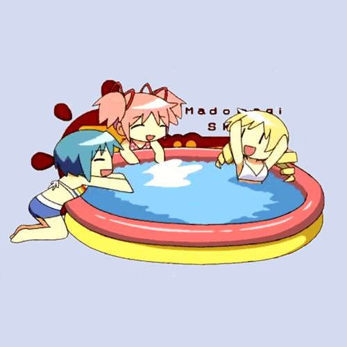 animated, animated_gif, aoki_ume_(style), artist_request, blonde_hair, blue_hair, chibi, creator_connection, drill_hair, gif, hidamari_sketch, kaname_madoka, lowres, mahou_shoujo_madoka_magica, miki_sayaka, miyako, mizuhashi_kaori, multiple_girls, parody, pink_hair, seiyuu_connection, short_twintails, style_parody, swimsuit, tomoe_mami, twin_drills, twintails, |_|