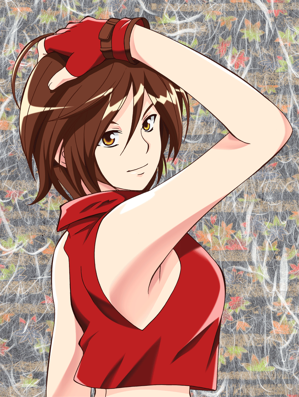 brown_eyes, brown_hair, fingerless_gloves, gloves, highres, meiko, short_hair, skirt