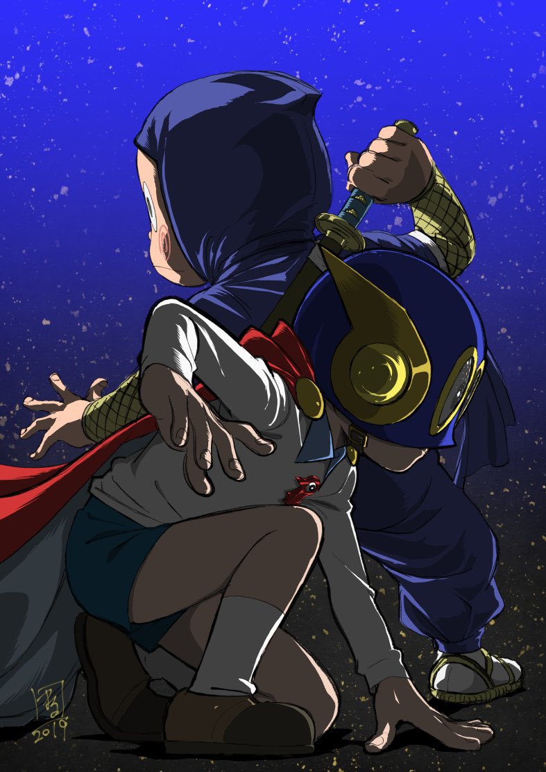2boys, arm_up, blue_shorts, brown_sandals, brown_shoes, cape, child, collared_shirt