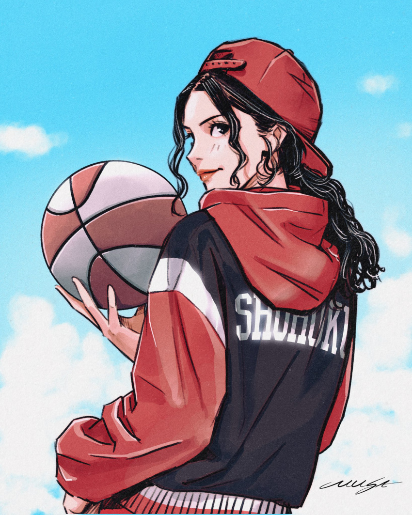 1girl, ayako_(slam_dunk), backwards_hat, ball, baseball_cap, basketball, basketball_(object), black_hair, black_jacket, blue_sky, clouds, cloudy_sky, hand_on_own_hip, hat, highres, holding, holding_ball, hood, hood_down, hooded_jacket, jacket, light_blush, long_hair, looking_at_viewer, multicolored_jacket, musa_(musa_draws), parted_bangs, red_hat, red_jacket, sky, slam_dunk_(series), solo, two-tone_jacket, upper_body, wavy_hair