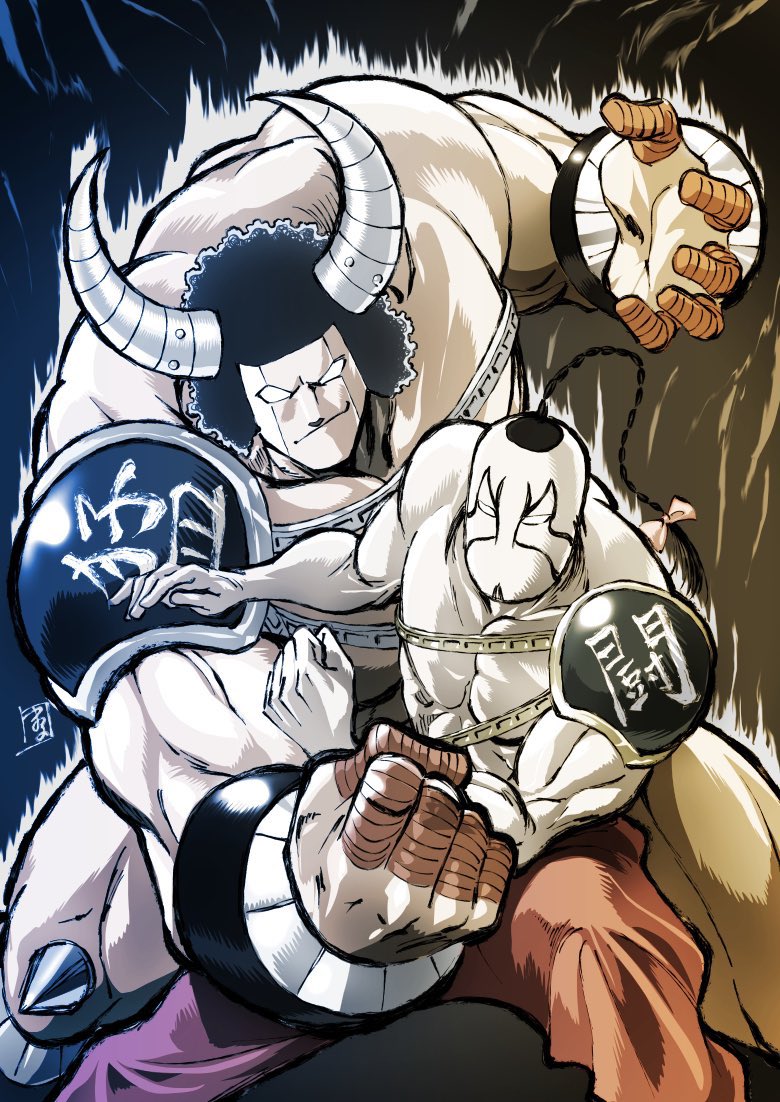 2boys, afro, armor, aura, black_hair, bow, bracer, braid, braided_ponytail, buffaloman, clenched_hand, closed_mouth, facial_mark, feet_out_of_frame, fighting_stance, hair_bow, hashtag-only_commentary, horns, kinnikuman, knee_spikes, looking_at_viewer, male_focus, marufuji_hirotaka, mongolman, multiple_boys, muscular, muscular_male, no_pupils, pants, ramenman, red_pants, short_hair, single_braid, single_shoulder_pad, smile, spikes, standing