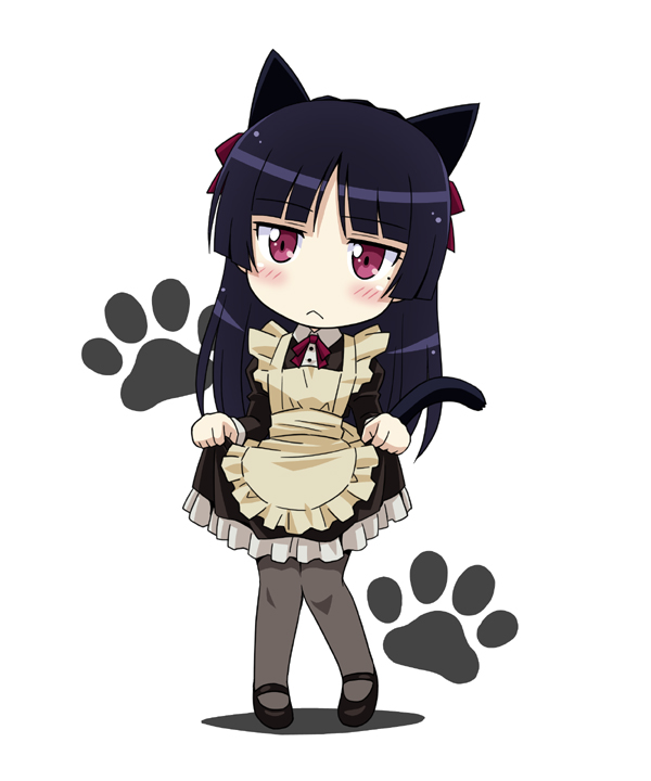 animal_ears, apron, black_hair, black_legwear, blush, cat_ears, curtsey, gokou_ruri