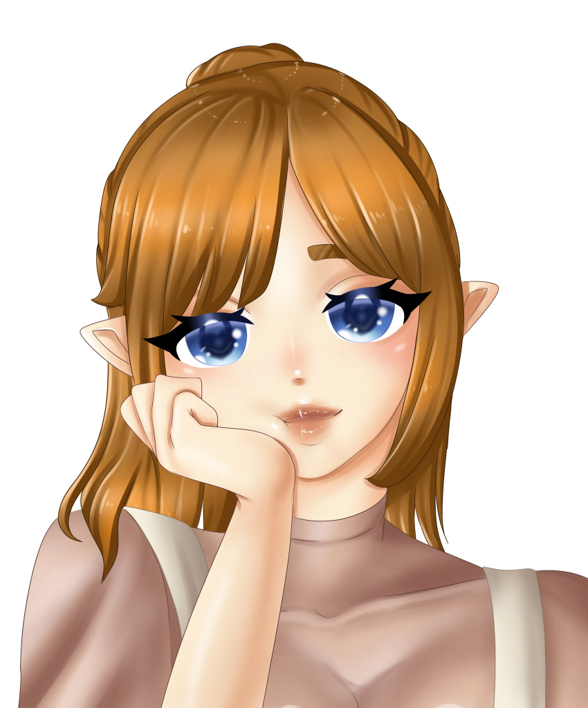 1girl, absurdres, apron, blonde_hair, blue_eyes, breasts, brown_shirt, collarbone