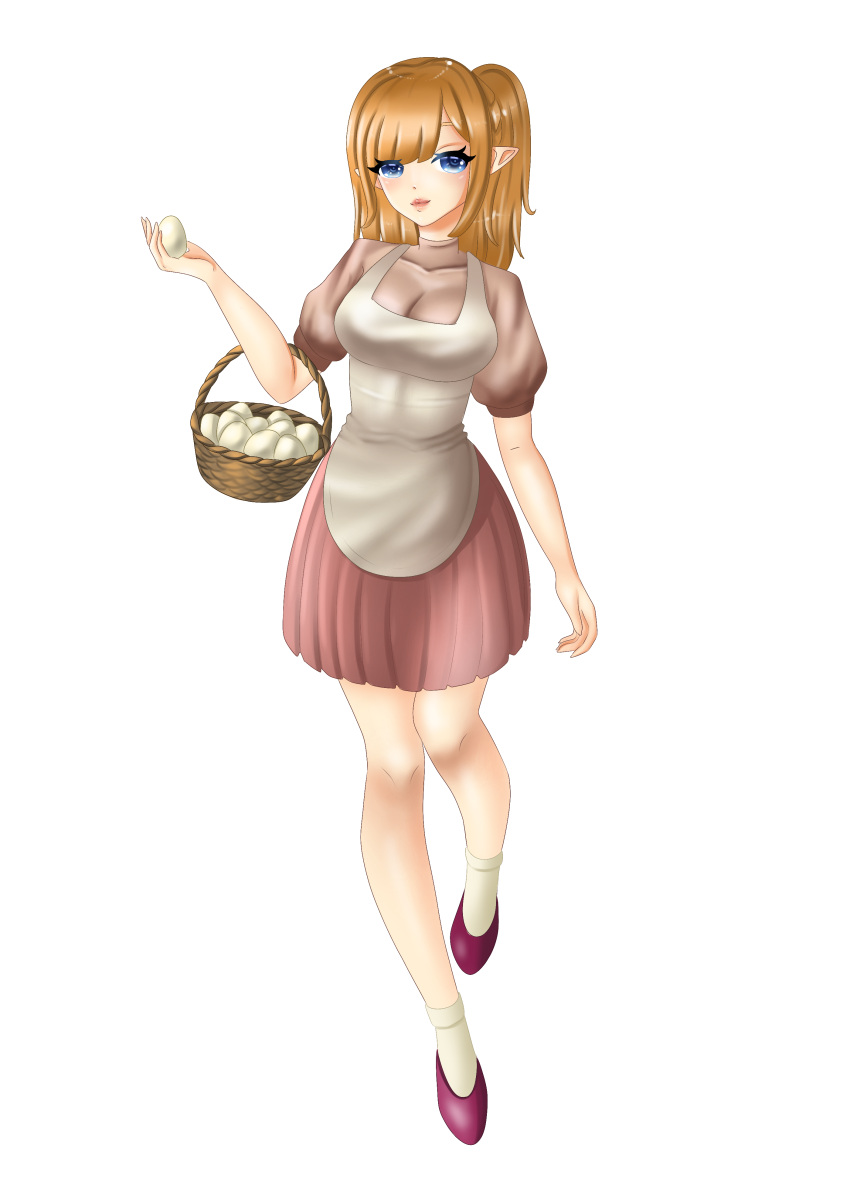 1girl, absurdres, apron, basket, blonde_hair, blue_eyes, blush, breasts