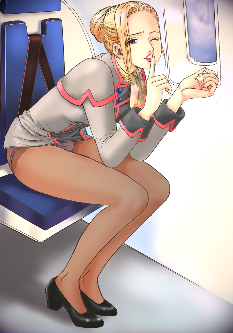 airplane, airplane_interior, bad_id, blonde_hair, blue_hair, brown_legwear, copyright_request, finger_on_lips