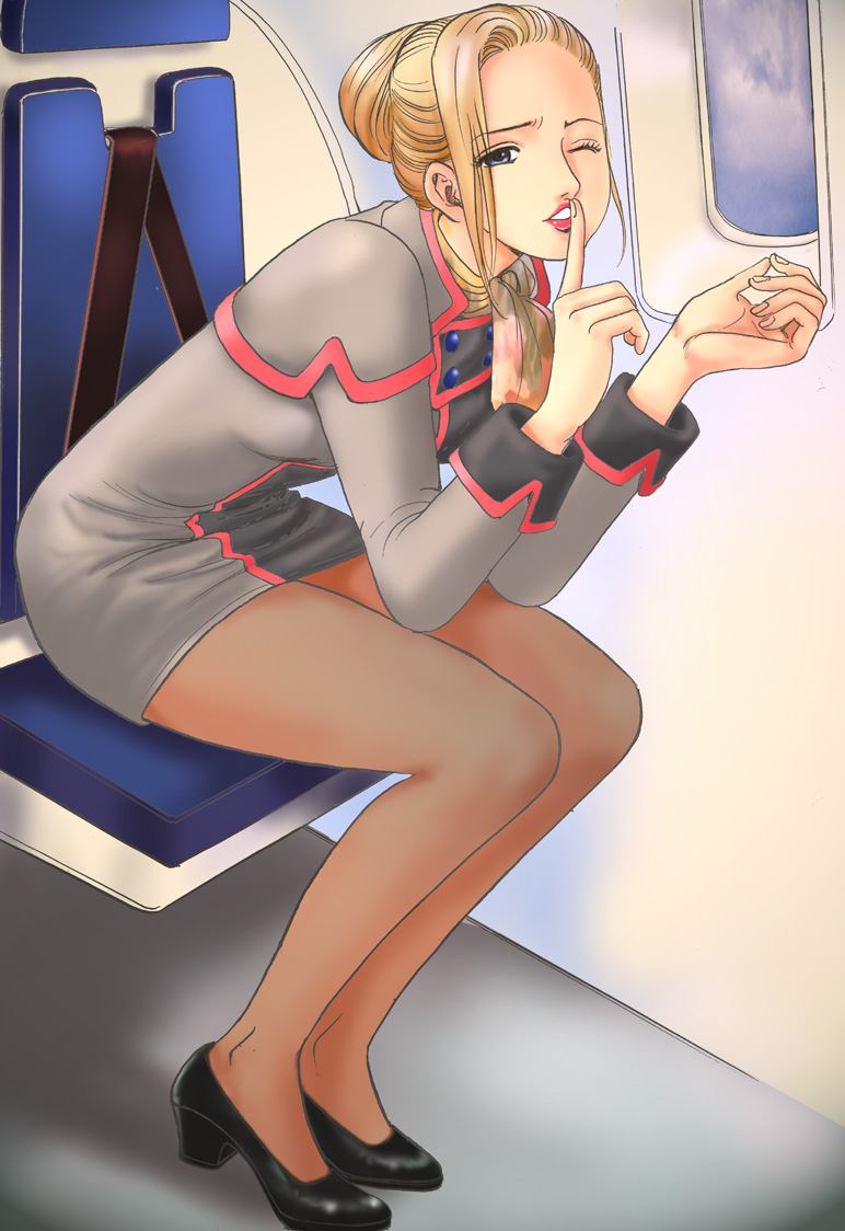 airplane, airplane_interior, bad_id, blonde_hair, blue_hair, brown_legwear, finger_on_lips, finger_to_mouth