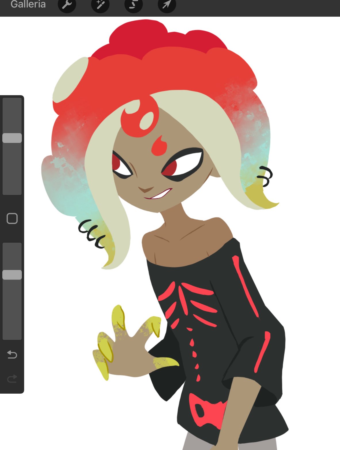 1boy, art_program_in_frame, baggy_clothes, bare_shoulders, claw_pose, colored_fingertips, gradient_hair, grin
