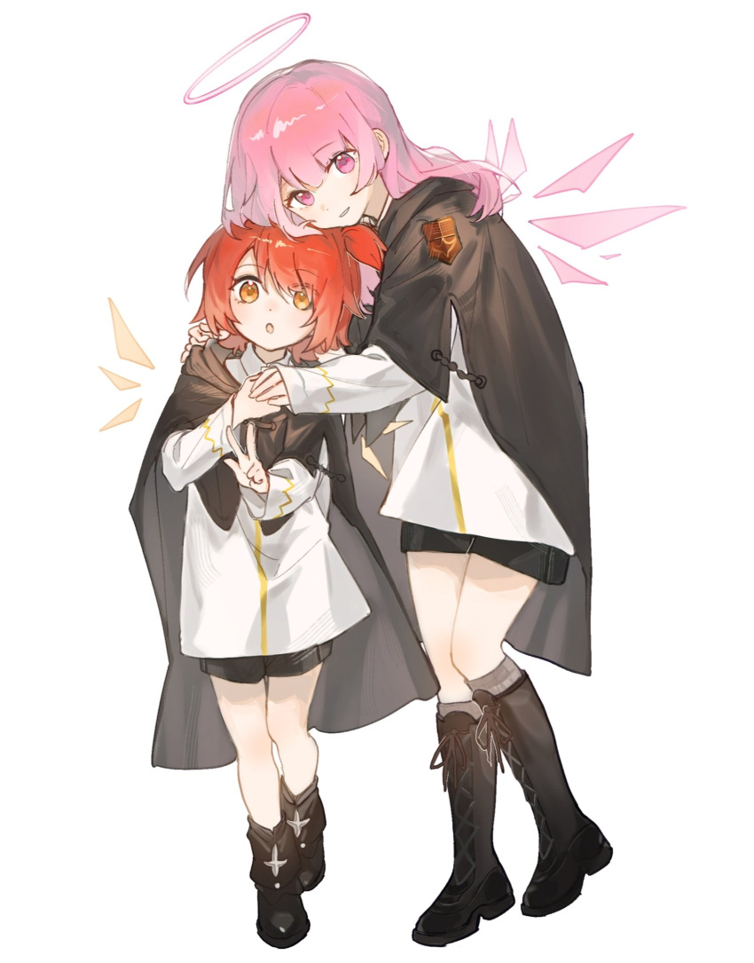 2girls, :o, ankle_boots, arknights, black_boots, boots, brown_cloak, chinese_commentary