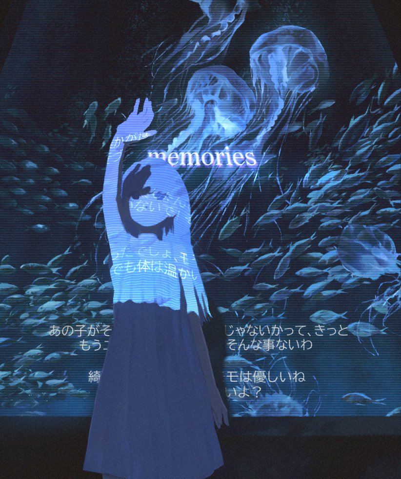 1girl, aquarium, arm_up, blue_theme, dress, english_text, feet_out_of_frame, fish
