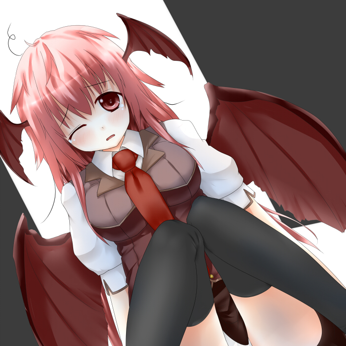 aemoti, bat_wings, black_legwear, blush, head_wings, koakuma, necktie, open_mouth