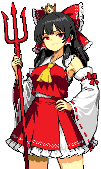 1girl, alpha_transparency, ascot, black_hair, bow, breasts, commentary, cowboy_shot, crown, detached_sleeves, english_commentary, hair_bow, hair_tubes, hakurei_reimu, hand_on_own_hip, holding, holding_polearm, holding_weapon, lowres, medium_breasts, mini_crown, pixel_art, polearm, red_bow, red_eyes, red_shirt, ribbon-trimmed_sleeves, ribbon_trim, shirt, skirt, skirt_set, sleeveless, sleeveless_shirt, smile, solo, touhou, transparent_background, tremolo_measure, trident, v-shaped_eyebrows, weapon, yellow_ascot