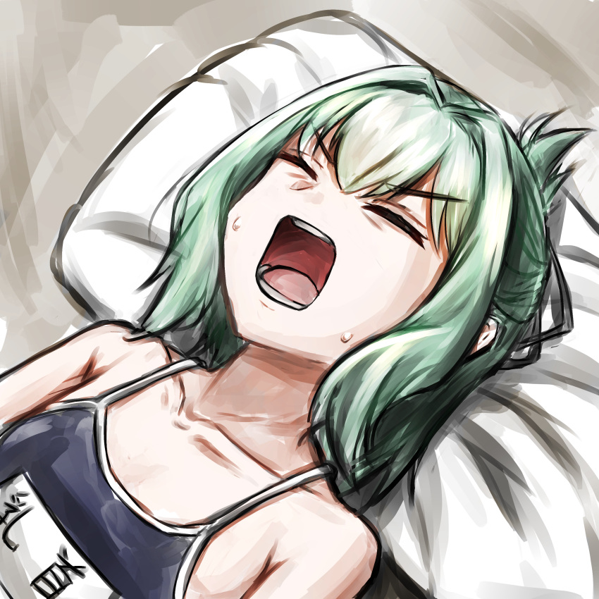 1boy, absurdres, closed_eyes, crossdressing, crossdressing_(mtf), gomikerasu, green_hair, highres