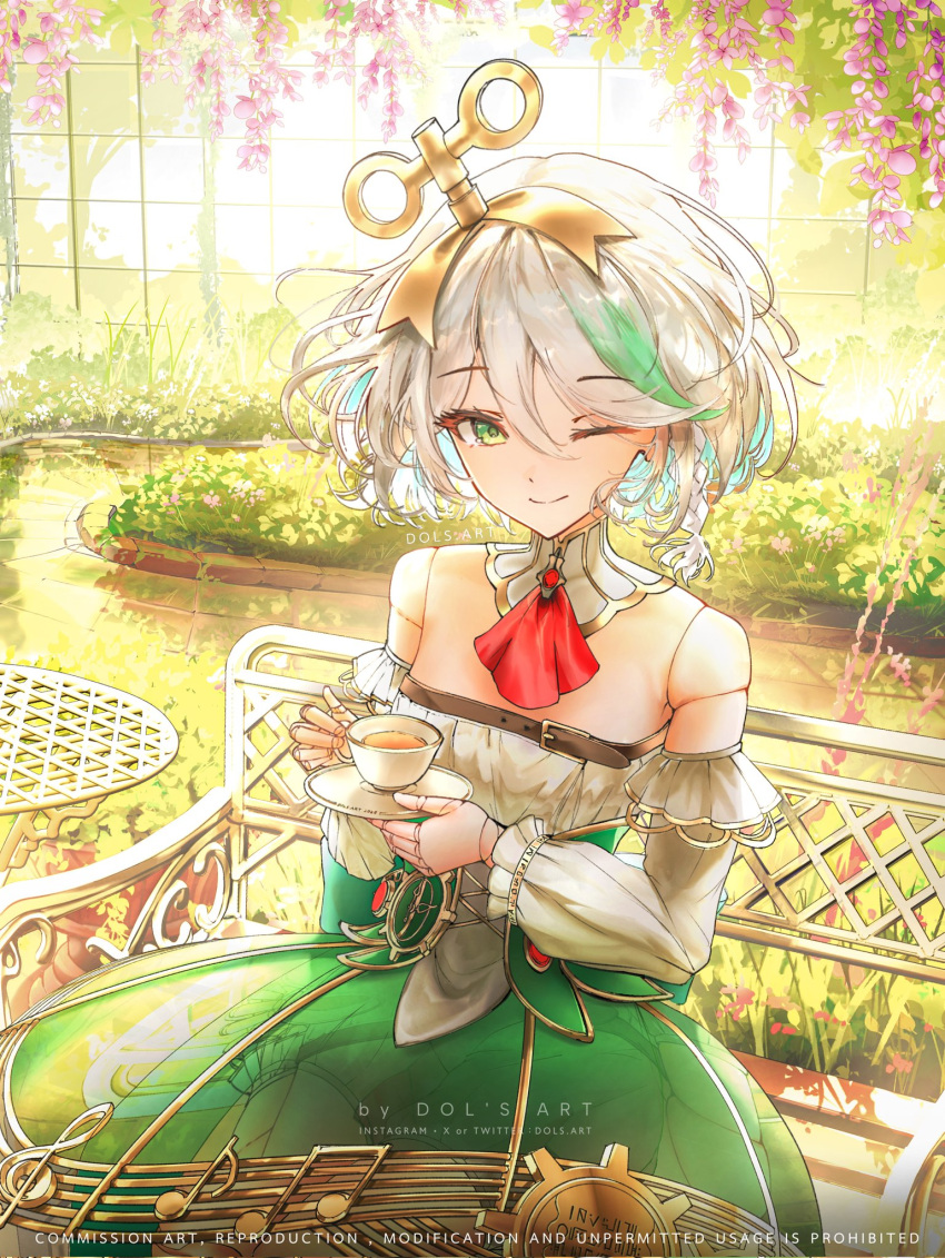 1girl, ;), ascot, braid, cecilia_immergreen, cecilia_immergreen_(1st_costume), closed_mouth, corset