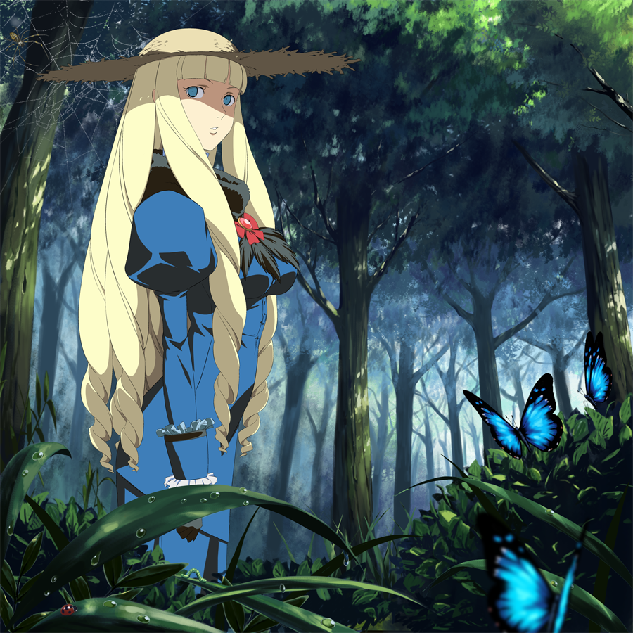 blue_eyes, butterfly, dianna_soreil, drill_hair, forest, gasora, gundam, hat
