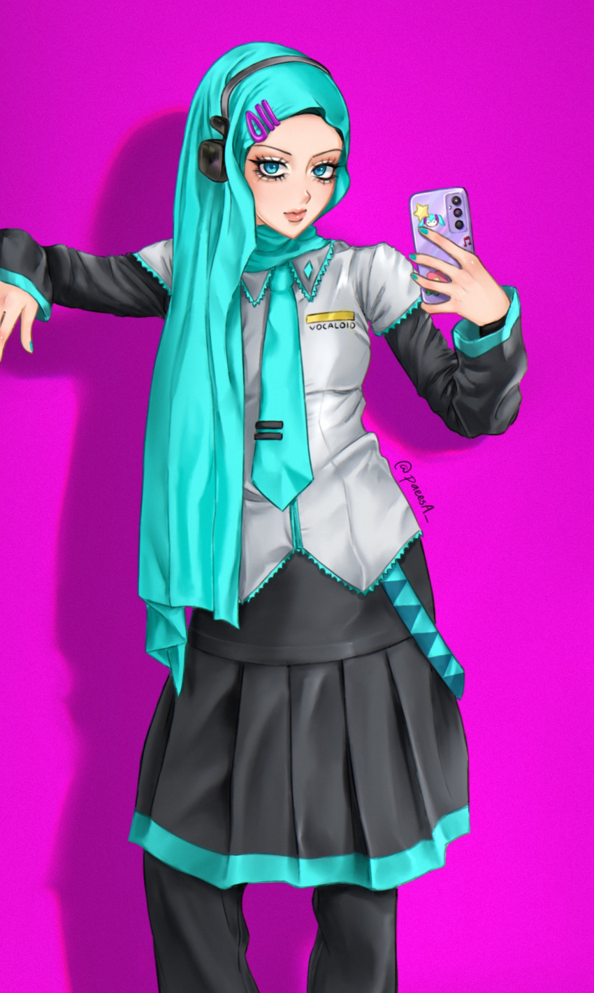 1girl, aegyo_sal, aqua_eyes, aqua_hijab, aqua_nails, aqua_necktie, black_pants, black_skirt