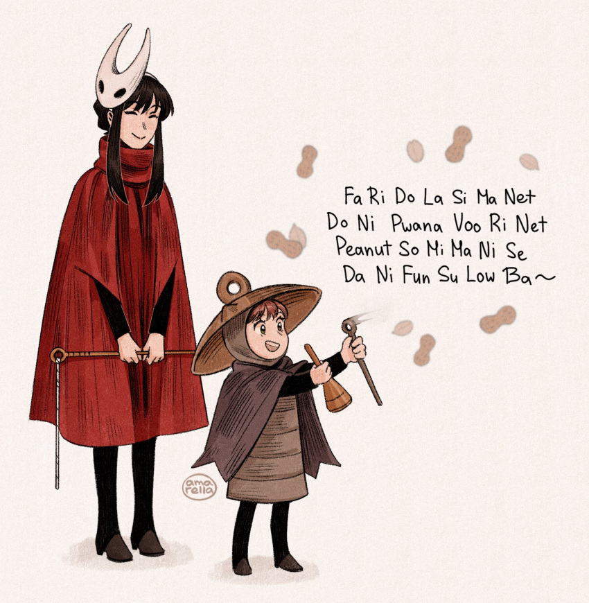 2girls, :d, amamamumu, anya_(spy_x_family), artist_name, black_bodysuit, black_hair, blush, bodysuit, brown_cape, brown_eyes, brown_hair, brown_hat, brown_shawl, cape, closed_eyes, commentary, cosplay, english_commentary, eyelashes, hat, highres, hollow_knight, hollow_knight:_silksong, hornet_(hollow_knight), hornet_(hollow_knight)_(cosplay), mask, mask_on_head, motion_blur, multiple_girls, paper_texture, peanut, pin_(hollow_knight), red_cape, shadow, shawl, sherma_(hollow_knight), sherma_(hollow_knight)_(cosplay), sidelocks, signature, smile, spy_x_family, teeth, upper_teeth_only, white_background, yor_briar