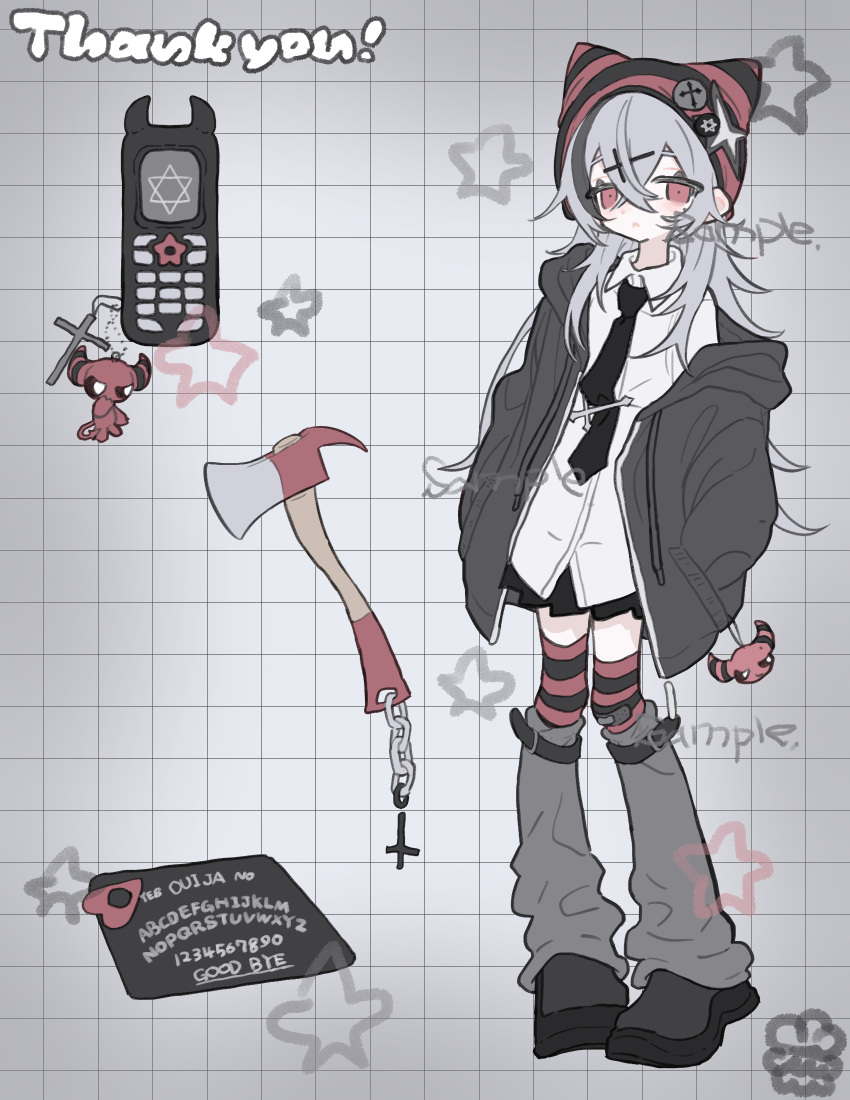1girl, am314, axe, beanie, black_necktie, black_shoes, cellphone, cellphone_charm