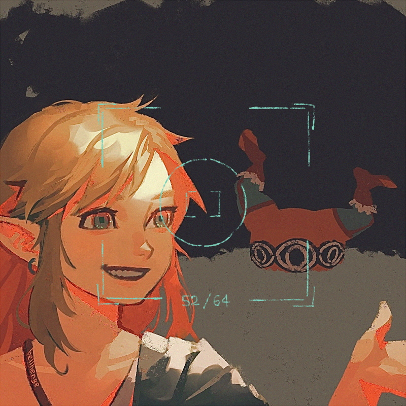 2boys, ahoge, bellhenge, blonde_hair, blue_eyes, earrings, jewelry, kohga, link, looking_at_viewer, male_focus, multiple_boys, pointy_ears, short_hair, smile, the_legend_of_zelda, the_legend_of_zelda:_tears_of_the_kingdom, video_camera