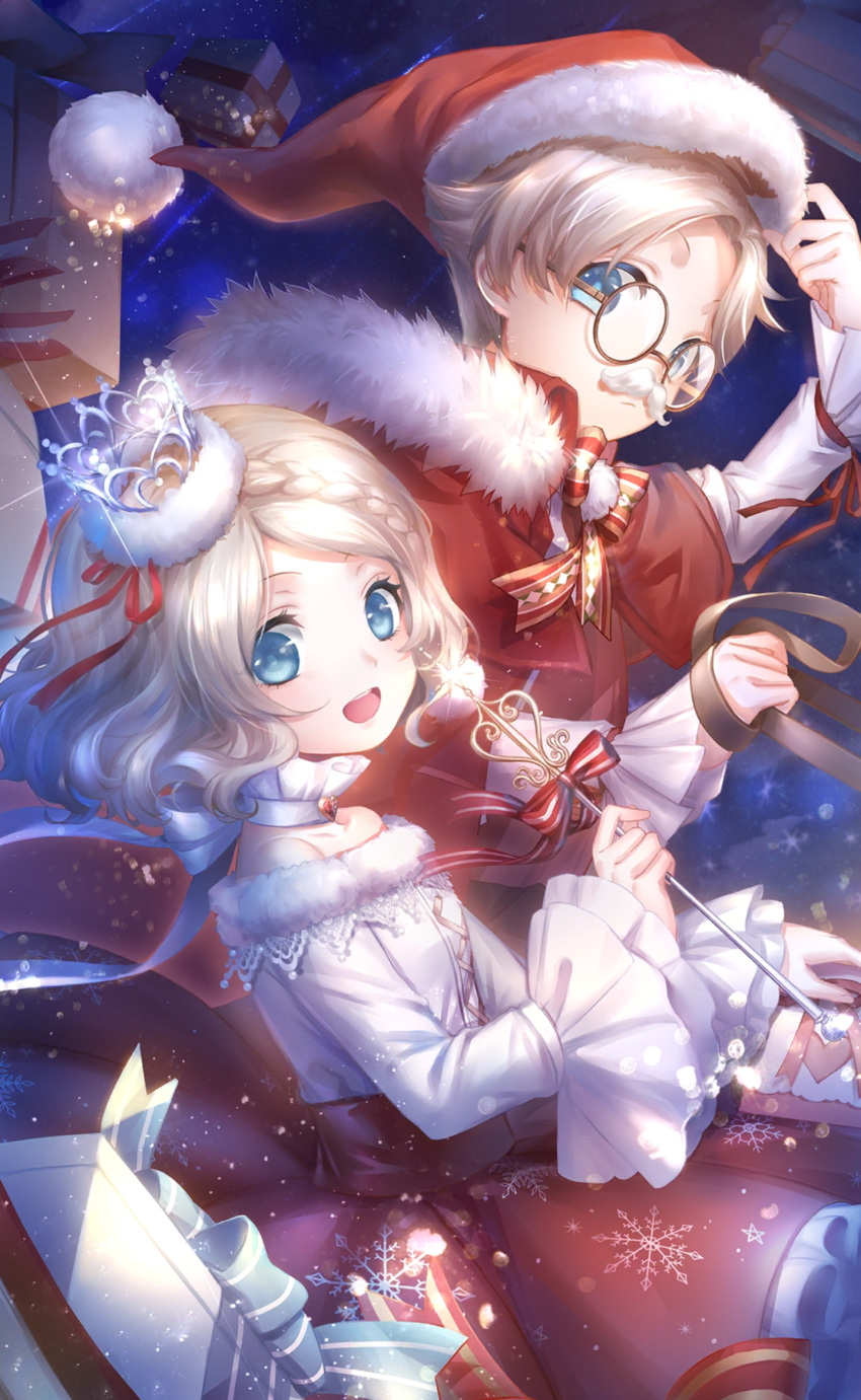 1boy, 1girl, artist_request, bare_shoulders, blonde_hair, blue_eyes, bow, bow_choker, bowtie, brother_and_sister, brown-framed_eyewear, child, choker, christmas, cloak, closed_mouth, collarbone, cowboy_shot, cross-laced_clothes, cross-laced_top, crown, eyelashes, fake_facial_hair, fake_mustache, floating_clothes, frilled_choker, frilled_skirt, frilled_sleeves, frills, fur-trimmed_cloak, fur-trimmed_crown, fur-trimmed_headwear, fur-trimmed_shirt, fur_trim, game_cg, gift, glasses, hair_ribbon, hand_on_headwear, hapymaher, hat, high-waist_skirt, highres, holding, holding_gift, holding_reins, holding_wand, hood, hood_down, hooded_cloak, light_particles, long_sleeves, magic_blessing_(shining_nikki), mini_crown, miniskirt, night, night_sky, nikki_(series), off-shoulder_shirt, off_shoulder, official_art, open_mouth, outdoors, pleated_skirt, pom_pom_(clothes), red_bow, red_bowtie, red_cloak, red_hat, red_ribbon, red_shirt, red_skirt, reins, ribbon, round_eyewear, santa_hat, shining_nikki, shirt, short_hair, siblings, skirt, sky, sleeves_past_wrists, smile, snowflake_print, snowing, star_(sky), starry_sky, striped_bow, striped_bowtie, striped_clothes, susan_(shining_nikki), tareme, teeth, twins, two-tone_bow, two-tone_bowtie, upper_teeth_only, wand, wavy_hair, white_choker, white_shirt, william_(shining_nikki), yellow_bow, yellow_bowtie