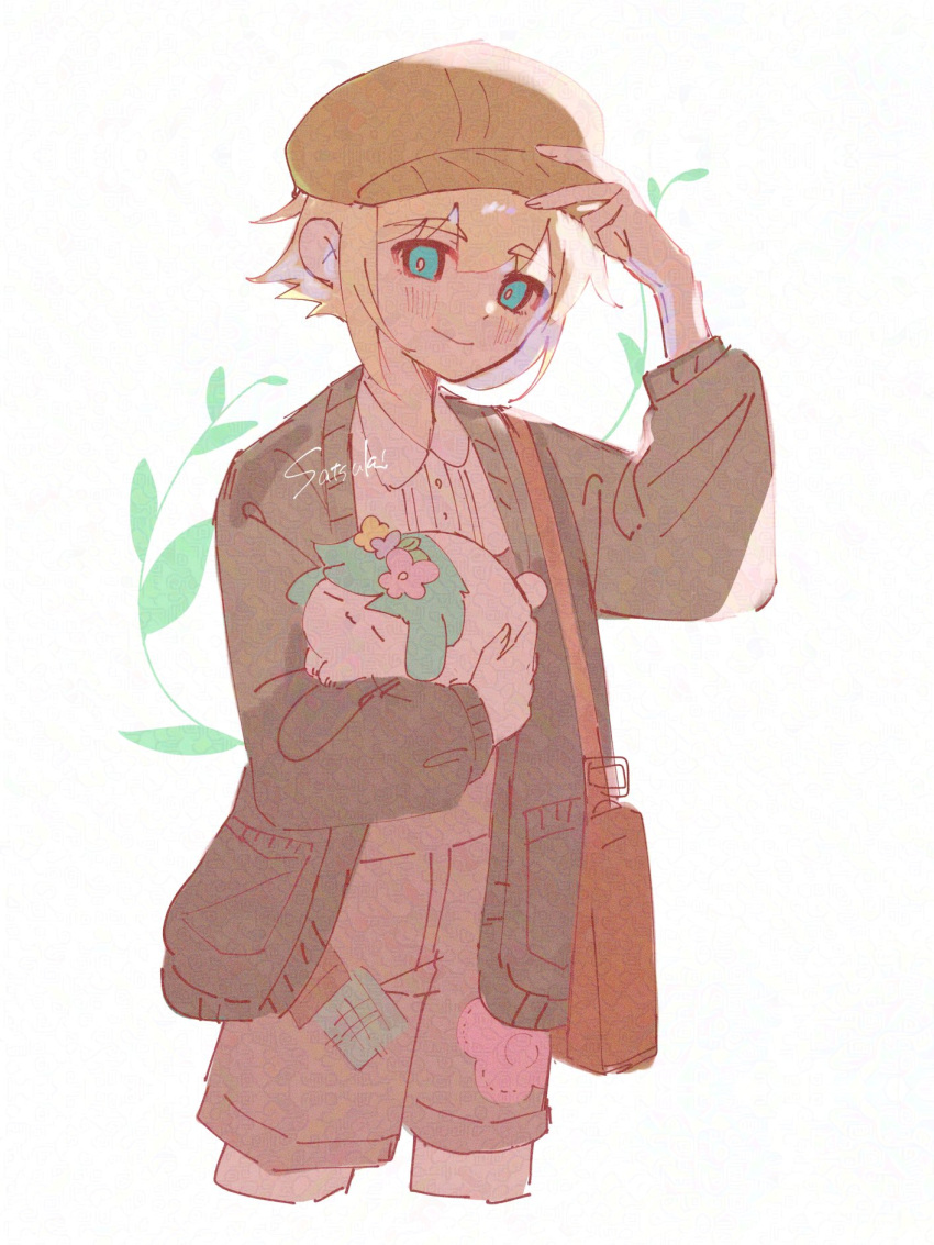1boy, :3, adjusting_clothes, adjusting_headwear, adversarial_noise, animal, animalization, arm_up, bag, basil_(birthday)_(omori), basil_(faraway)_(omori), basil_(headspace)_(omori), basil_(omori), blonde_hair, blue_eyes, bright_pupils, brown_bag, brown_hat, brown_overalls, buttons, cardigan, closed_eyes, closed_mouth, collared_shirt, cropped_legs, double-parted_bangs, dual_persona, flower, green_cardigan, green_hair, hair_between_eyes, hat, highres, holding, holding_animal, leaf, long_sleeves, male_focus, newsboy_cap, official_alternate_costume, omori, open_cardigan, open_clothes, overall_shorts, overalls, pink_flower, plant, puffy_long_sleeves, puffy_sleeves, purple_flower, rabbit, satsuki_1243, shirt, short_hair, shoulder_bag, sidelighting, simple_background, smile, solo, standing, u_u, white_background, white_pupils, white_rabbit_(animal), white_shirt, yellow_flower