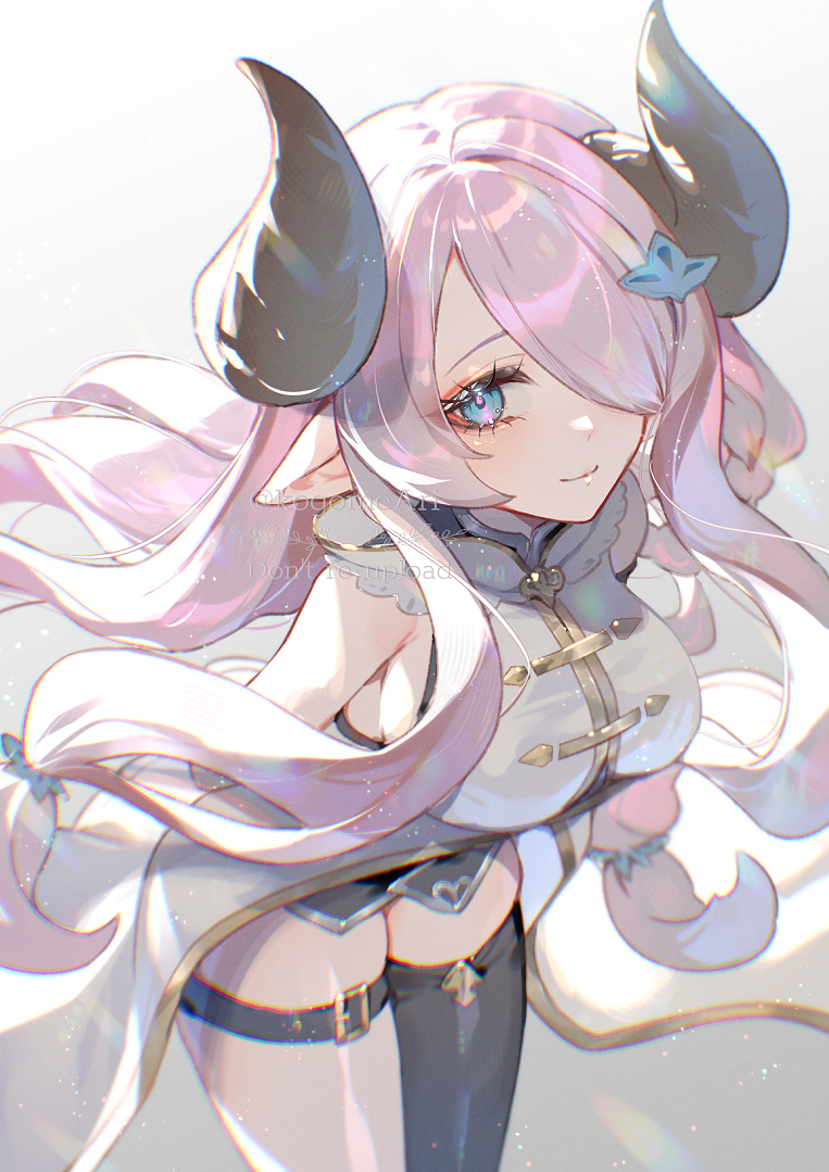 1girl, asymmetrical_legwear, bare_shoulders, blue_eyes, breasts, draph, granblue_fantasy, hair_ornament, hair_over_one_eye, horns, kogome_(azalea4), large_breasts, long_hair, looking_at_viewer, narmaya_(granblue_fantasy), pink_hair, pointy_ears, smile, solo, thigh-highs, thigh_strap, very_long_hair
