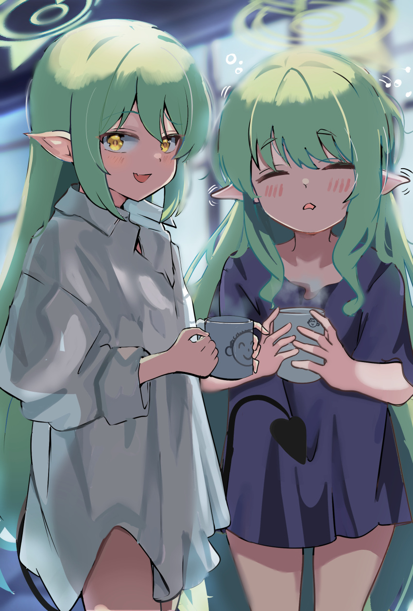 2girls, :d, =_=, absurdres, afterimage, alternate_costume, alternate_hairstyle, backlighting