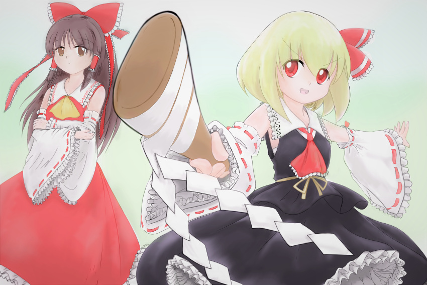 2girls, 4183rumia, absurdres, ascot, bare_shoulders, black_dress, blonde_hair, bow, brown_eyes, brown_hair, chest_sarashi, closed_mouth, collar, cosplay, crossed_arms, detached_sleeves, dot_mouth, dress, feet_out_of_frame, frilled_collar, frilled_dress, frilled_sleeves, frills, gohei, green_background, hair_bow, hair_ribbon, hair_tubes, hakurei_reimu, hakurei_reimu_(cosplay), highres, holding, holding_gohei, japanese_clothes, long_hair, miko, multiple_girls, nontraditional_miko, outstretched_arms, red_ascot, red_bow, red_eyes, red_ribbon, red_skirt, ribbon, rumia, sarashi, short_hair, sidelocks, skirt, spread_arms, touhou, waist_ribbon, white_sleeves, wide_sleeves, yellow_ascot