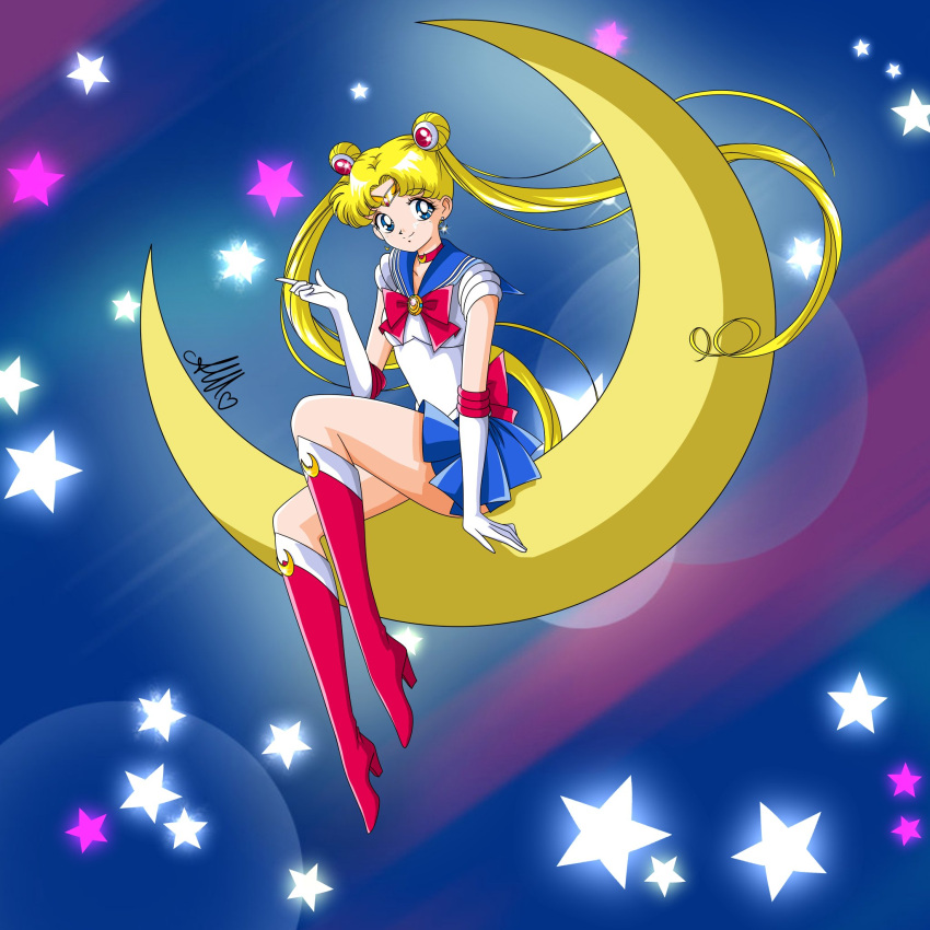 1girl, anello81, back_bow, bishoujo_senshi_sailor_moon, blonde_hair, blue_sailor_collar, boots, bow
