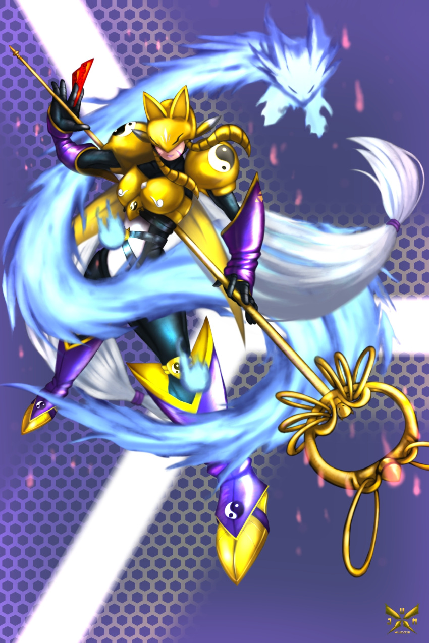 1girl, armor, black_bodysuit, black_gloves, bodysuit, closed_mouth, digimon, digimon_(creature)