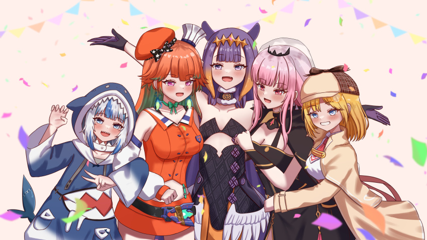 5girls, absurdres, animal_costume, animal_hood, black_cape, black_dress, blonde_hair, blue_eyes