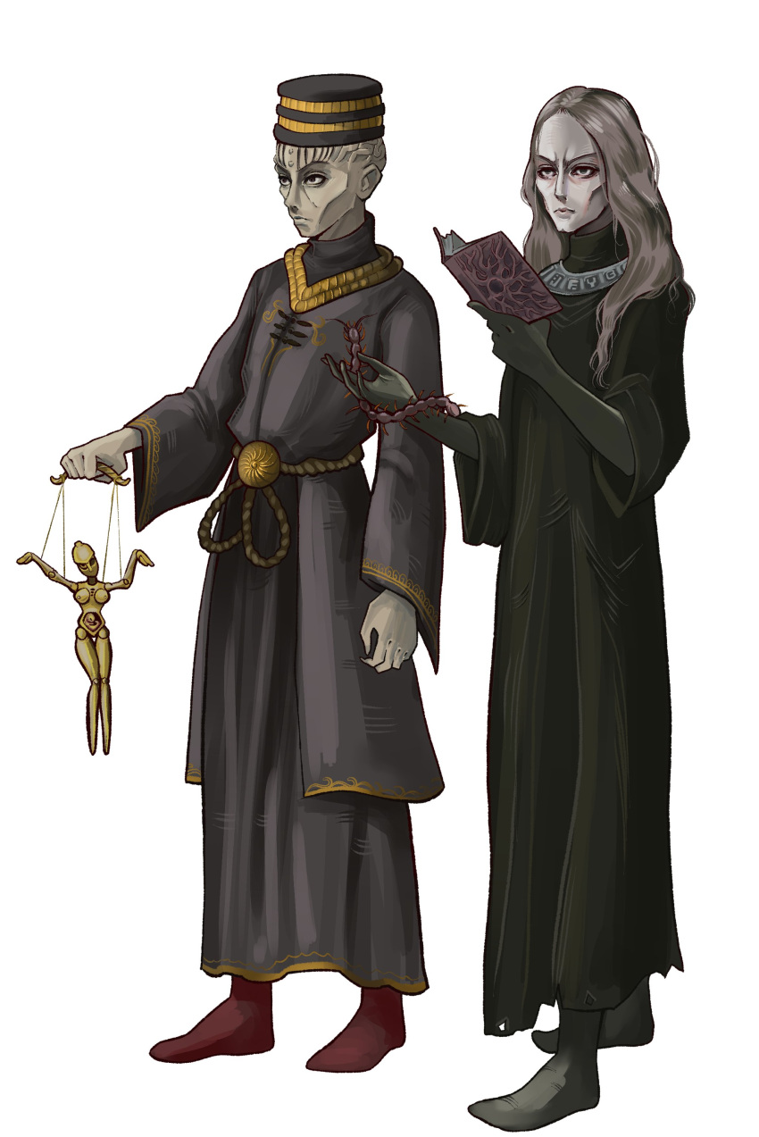 2boys, absurdres, black_hat, black_robe, book, boots, bow, brokenramen