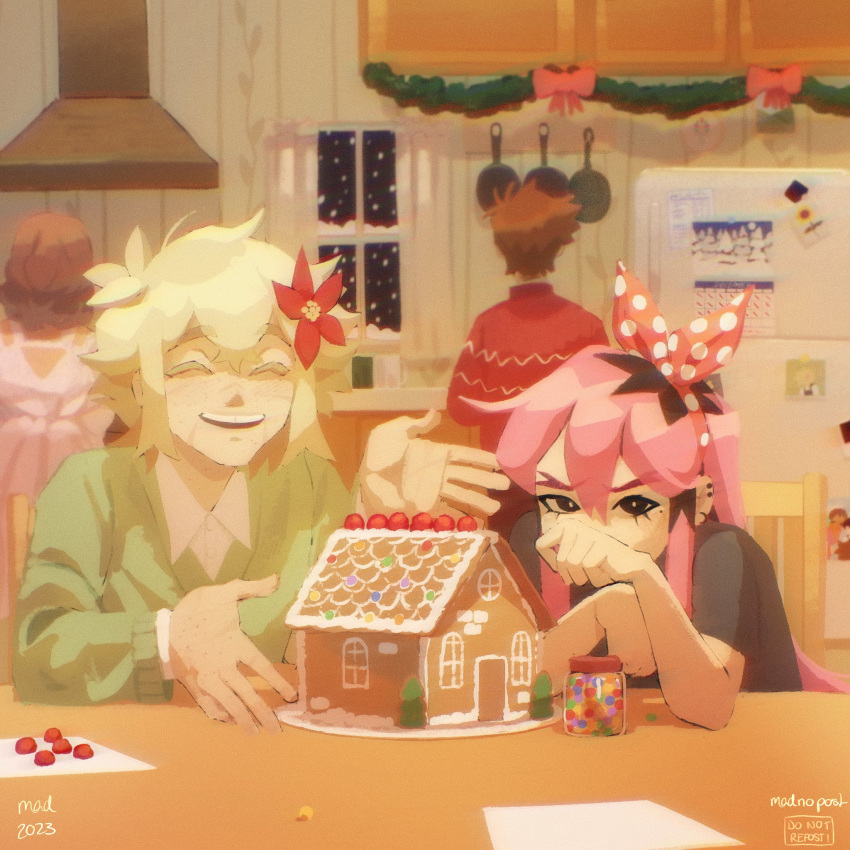 2023, 2boys, 2girls, antenna_hair, apron, artist_name, aubrey_(faraway)_(omori), aubrey_(omori)