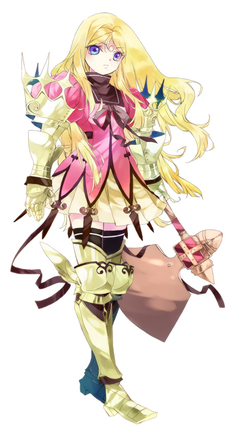 armor, armored_dress, axe, black_legwear, blonde_hair, blue_eyes, boots, bow